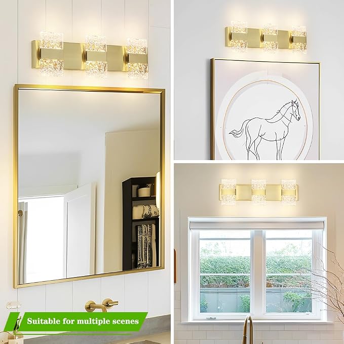 Bathroom Vanity Light Fixture, Modern Brushed Gold LED Vanity Light, Dimmable 19W LED Wall Sconce Lighting for Bathroom, Bedroom, Perfect for Makeup & Shaving