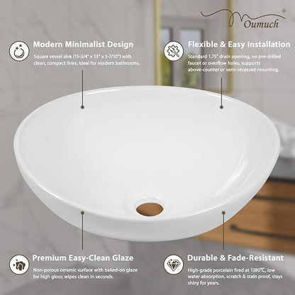 Vessel Sink, 16"W x 13"D inch Oval Bathroom Sink Above Counter White Ceramic Porcelain Vanity Bowl Countertop Art Basin