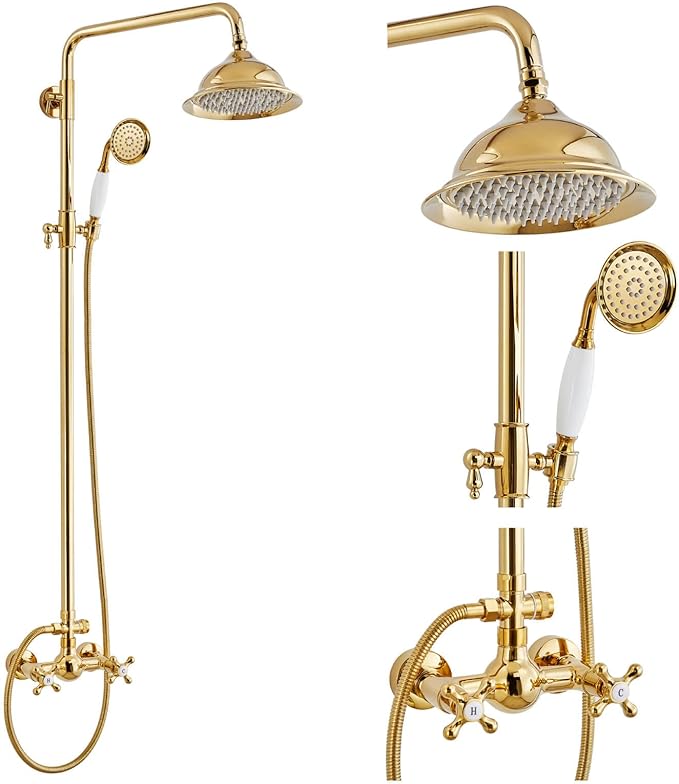 gotonovo Polish Gold Exposed Bathroom Shower Faucet 8 Inch Rainfall Shower Head System Handheld Spray Bathroom Wall Mount Shower Fixture Set