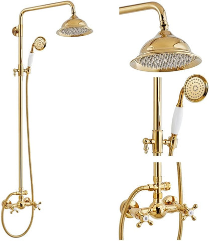 gotonovo Polish Gold Exposed Bathroom Shower Faucet 8 Inch Rainfall Shower Head System Handheld Spray Bathroom Wall Mount Shower Fixture Set