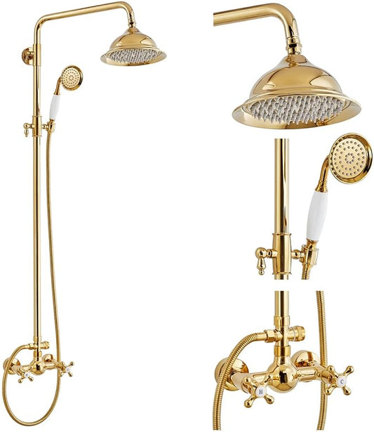 gotonovo Polish Gold Exposed Bathroom Shower Faucet 8 Inch Rainfall Shower Head System Handheld Spray Bathroom Wall Mount Shower Fixture Set