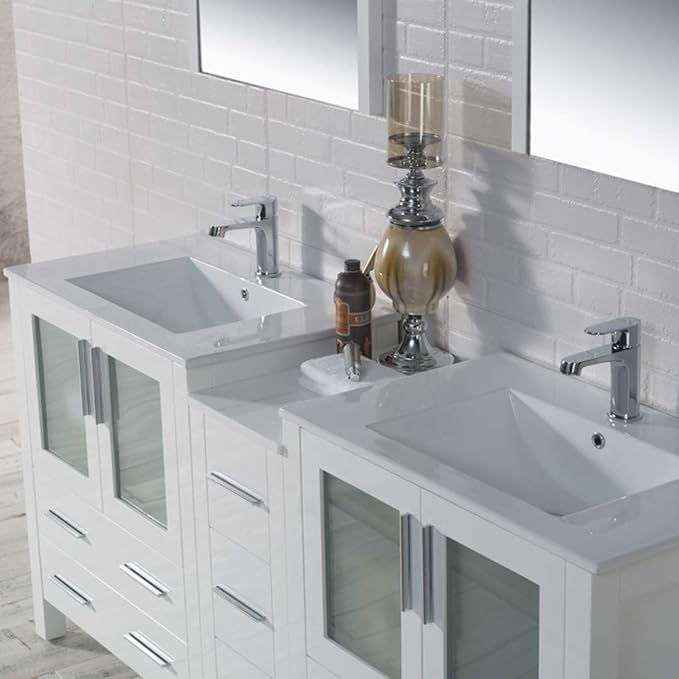 Blossom 72" Solid Wood Double Sink Bathroom Vanity with Side Cabinet | Glossy White Master Bath Furniture | Anti-Warp Painted Finish, Soft-Close Full Extension Drawers & Tempered Glass Modern Style
