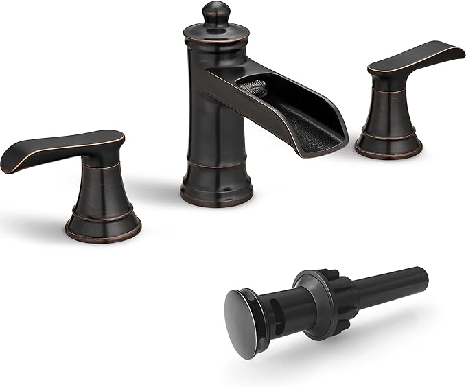 4-16 Inch Oil Rubbed Bronze Waterfall Bathroom Faucet 3 Hole, Brass Bathroom Sink Faucet 2 Handles Widespread with Pop-up Drain & cUPC Supply Hoses for Vanity, Lavatory, Restroom, Farmhouse