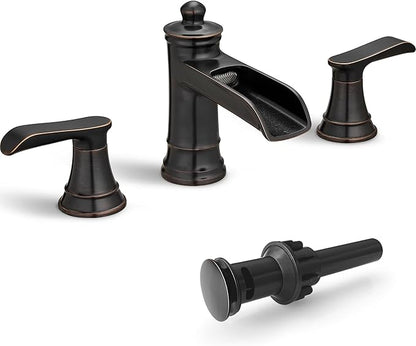 4-16 Inch Oil Rubbed Bronze Waterfall Bathroom Faucet 3 Hole, Brass Bathroom Sink Faucet 2 Handles Widespread with Pop-up Drain & cUPC Supply Hoses for Vanity, Lavatory, Restroom, Farmhouse