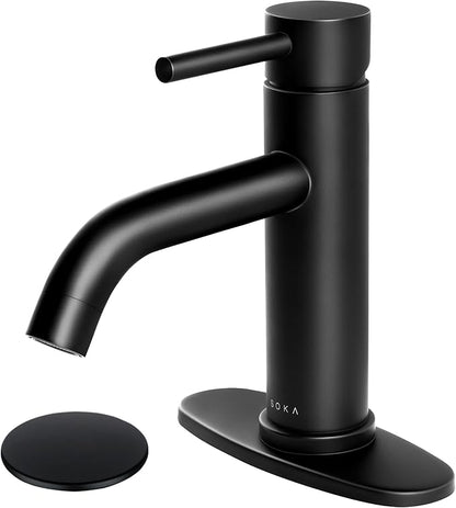 Bathroom Sink Faucet Single Handle Stainless Steel Lavatory Commercial Bathroom Faucet Bathtub Vanity Faucets with Deck Plate & Pop-Up Drain Assembly Fit for 1 & 3 Hole, Matte Black