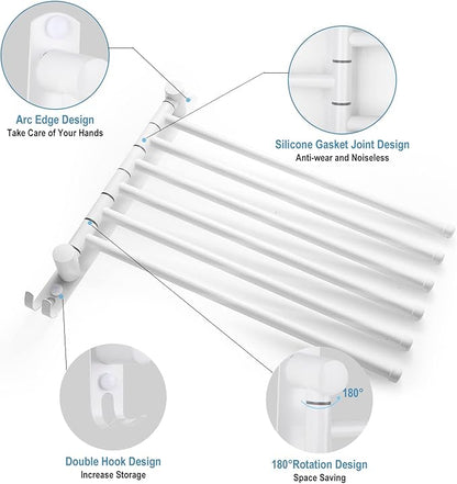 6-Arm Stainless Steel Swivel Towel Rack with Hook: Wall-Mounted, Rustproof Space-Saver for Bathroom & Kitchen-180° Rotation, 14kg Capacity(White)