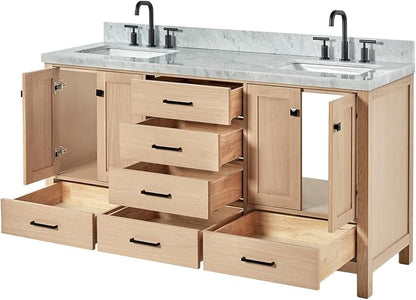 Beckford 66-Inch Oak Double Bathroom Vanity with Sink, Italian Carrara Marble Countertop 1.5" Edge & Backsplash, Soft Closing Doors & Drawers, Matte Black Hardware