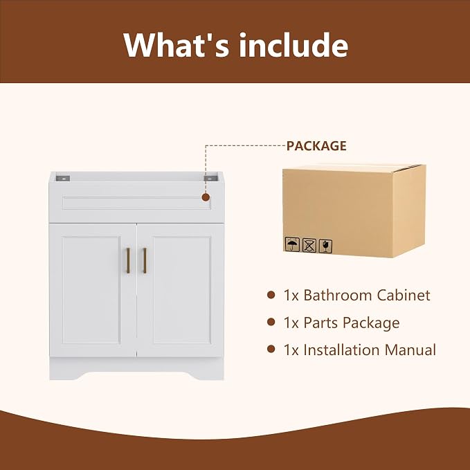 36 Inch Bathroom Vanity, Wooden Double Door Bathroom Storage Cabinet, Freestanding Cabinet Vanity Without Sink (White Without Sink, 36")
