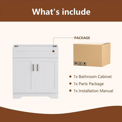 36 Inch Bathroom Vanity, Wooden Double Door Bathroom Storage Cabinet, Freestanding Cabinet Vanity Without Sink (White Without Sink, 36")