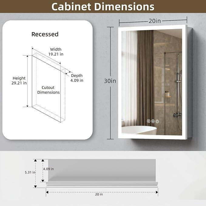 Medicine Cabinet with Lights, Bathroom LED Mirror Cabinet with Storage, Anti-Fog & 3 Color Lights, Recessed or Wall Mounted (20X30 in)