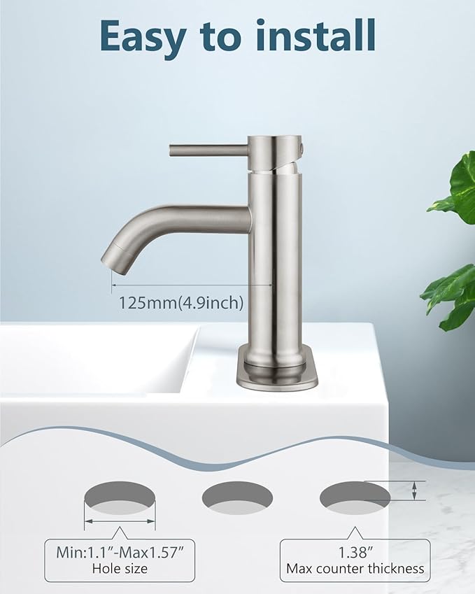 Aolemi Bathroom Faucet Single Hole,Single Handle Bathroom Sink Faucet with Supply Lines,with Pop Up Drain Assembly and Deck Plate,Brushed Nickel