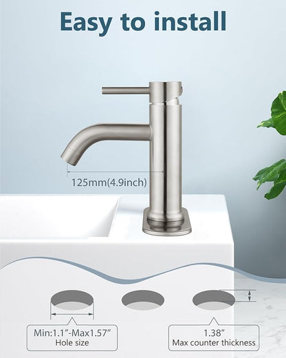 Aolemi Bathroom Faucet Single Hole,Single Handle Bathroom Sink Faucet with Supply Lines,with Pop Up Drain Assembly and Deck Plate,Brushed Nickel