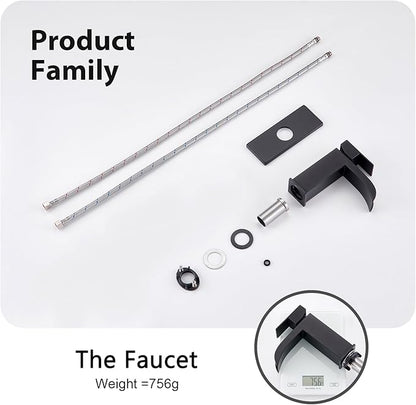 Faustina Black Waterfall Bathroom Faucet 1 Hole Single Handle,Wide Open Spout Waterfall Bathroom Faucet with Pop Up Drain,Stainless Steel Utility Sink Faucet Bathroom Vanity Faucet Basin Mixer Tap