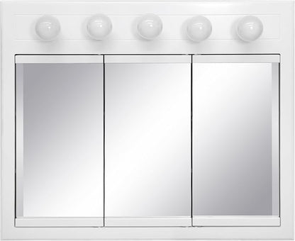 Design House Concord Medicine Cabinet, 3 Mirrored Doors, Pre-Assembled, Surface Mount, 5 Lights, White Wood Frame Wall Cabinet, 36 in W x 5 in D x 30 in H, 532390-WHT