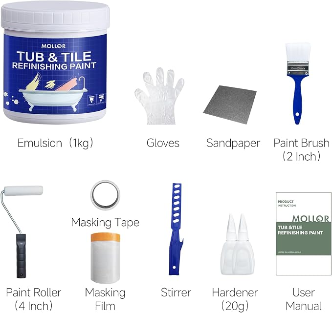 Tub and Tile Refinishing Kit with Tools, 35oz White Tile Paint Water Based & Low Odor, DIY Bathtub Paint, Easy to Use for Bathroom, Kitchen, Porcelain, Floor, Semi-Gloss, 50-60sq.ft（Light Blue）