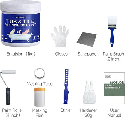 Tub and Tile Refinishing Kit with Tools, 35oz White Tile Paint Water Based & Low Odor, DIY Bathtub Paint, Easy to Use for Bathroom, Kitchen, Porcelain, Floor, Semi-Gloss, 50-60sq.ft（Light Blue）
