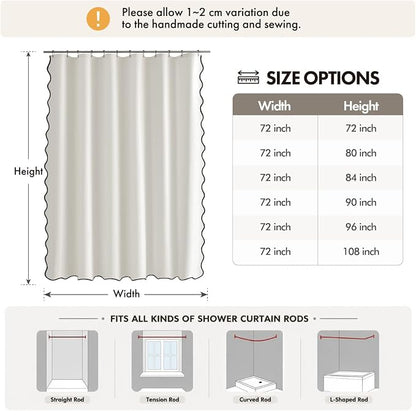 ANRODUO White Scalloped Linen Textured Shower Curtain, W72 x L90 | Boho Farmhouse Shower Curtain with 12 Metal Hooks, Machine Washable Waterproof Heavy Duty Fabric for Bathroom Bathtub