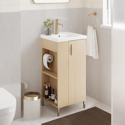 Pre-Assembled 16 Inch Small Bathroom Vanity, Freestanding Oak Bathroom Cabinet with Ceramic Sink, Soft-Close Door, Left Side Storage, No Faucet, BV05-16-OAK-PLUS