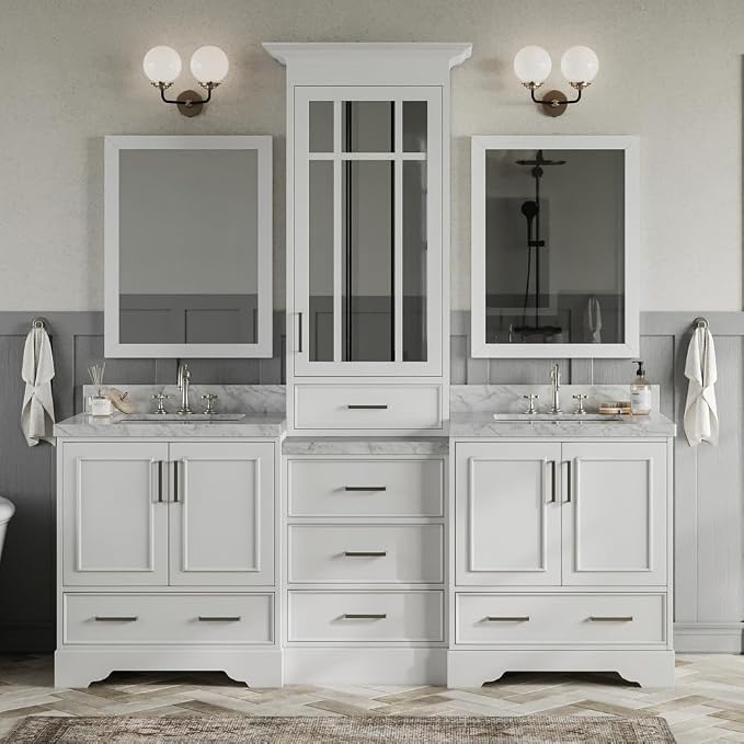 ARIEL Stafford 84-inch Bathroom Vanity with Sink,Solid Wood, 1.5-inch Italian Carrara Marble Countertop, Double Rectangular Porcelain Sink, 5 Soft Closing Doors, 6 Dovetail Drawers, White