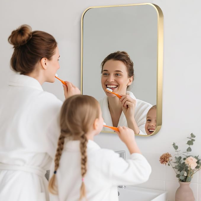 20x30 Inch Gold Bathroom Mirror, Brushed Brass Gold Metal Framed Rectangular Mirror with Rounded Corner, Bathroom Vanity Mirror for Bedroom or Living Room, Horizontal/Vertical