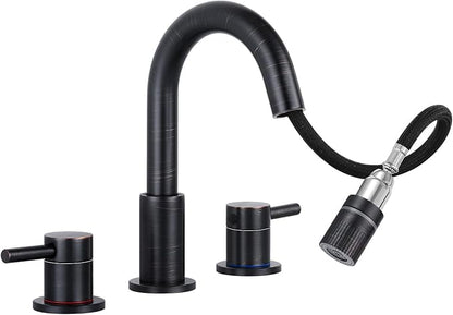 Pull Down Bathroom Faucet for Sink 3 Hole,8 inch Widespread Oil Rubbed Bronze Bathroom Sink Faucet with Pop Up Drain, Water Supply Hoses