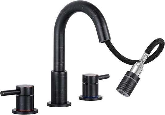 Pull Down Bathroom Faucet for Sink 3 Hole,8 inch Widespread Oil Rubbed Bronze Bathroom Sink Faucet with Pop Up Drain, Water Supply Hoses