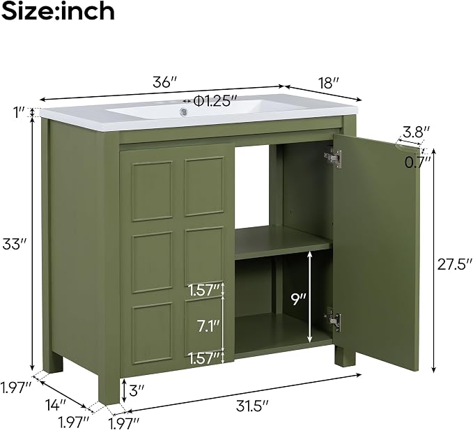 SOFTSEA 36" Bathroom Vanity with Sink Combo, Single Sink Bathroom Vanity with Soft-Close Doors, Solid Wood Frame Bathroom Cabinet, Ceramic Basin, Easy Assembly, Green