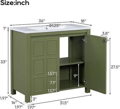 SOFTSEA 36" Bathroom Vanity with Sink Combo, Single Sink Bathroom Vanity with Soft-Close Doors, Solid Wood Frame Bathroom Cabinet, Ceramic Basin, Easy Assembly, Green