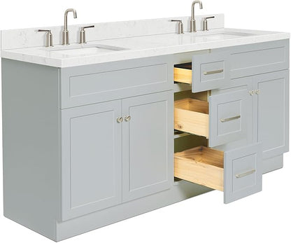 ARIEL Hamlet 72-inch Bathroom Vanity with Sink,Solid Wood, 1.5-inch Carrara White Quartz Countertop & Backsplash, Double Rectangular Porcelain Sink, 4 Soft Closing Doors, 3 Dovetail Drawers, Grey