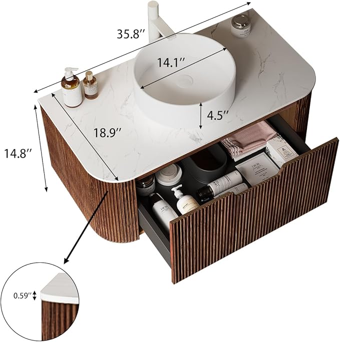 Yayzy 36" Floating Bathroom Vanity with Sink, Solid Wood Fluted Cabinet, White Round Ceramic Basin & Faux Marble Top, Soft-Close Drawer, Pre-Assembled, Walnut Woodgrain