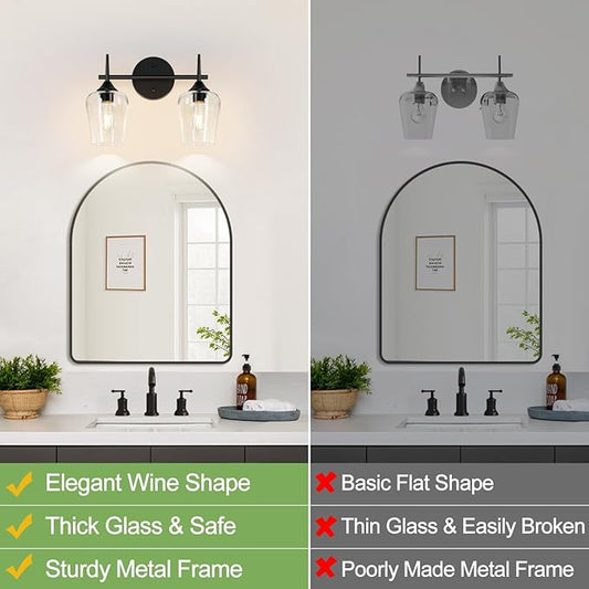 2-Light Bathroom Light Fixtures, Black Vanity Lights for Bathroom with Clear Glass, Bathroom Lighting Fixtures Over Mirror, Modern Wall lamp for Cabinet Hallway