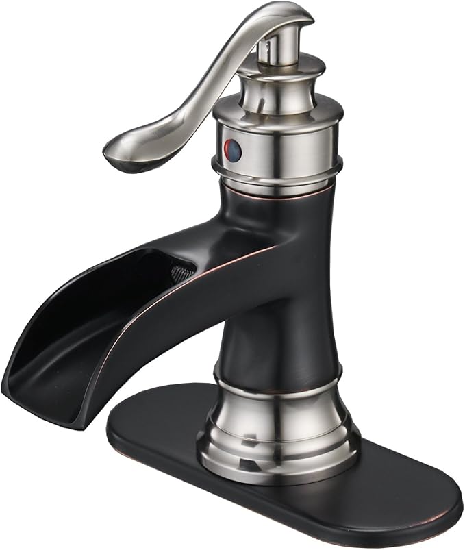 BWE Waterfall Bathroom Faucet Single Hole Oil Rubbed Bronze with Brushed Nickel for Bathroom Sink Farmhouse Single Handle Vanity Faucets Lavatory Mixer Tap