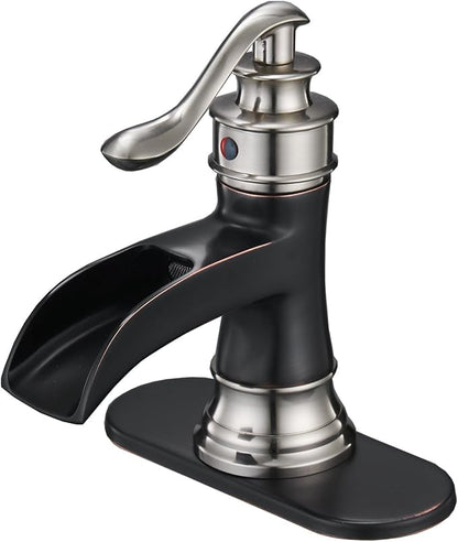 BWE Waterfall Bathroom Faucet Single Hole Oil Rubbed Bronze with Brushed Nickel for Bathroom Sink Farmhouse Single Handle Vanity Faucets Lavatory Mixer Tap