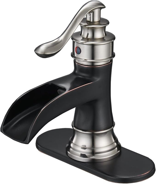 BWE Waterfall Bathroom Faucet Single Hole Oil Rubbed Bronze with Brushed Nickel for Bathroom Sink Farmhouse Single Handle Vanity Faucets Lavatory Mixer Tap