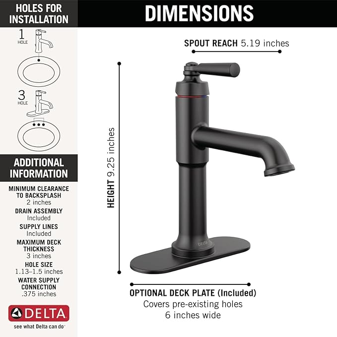 Delta Faucet Saylor Matte Black Bathroom Faucet, Single Hole Bathroom Faucet, Single Handle Bathroom Sink Faucet Black, Diamond Seal Technology, Drain Assembly, Matte Black 536-BLMPU-DST