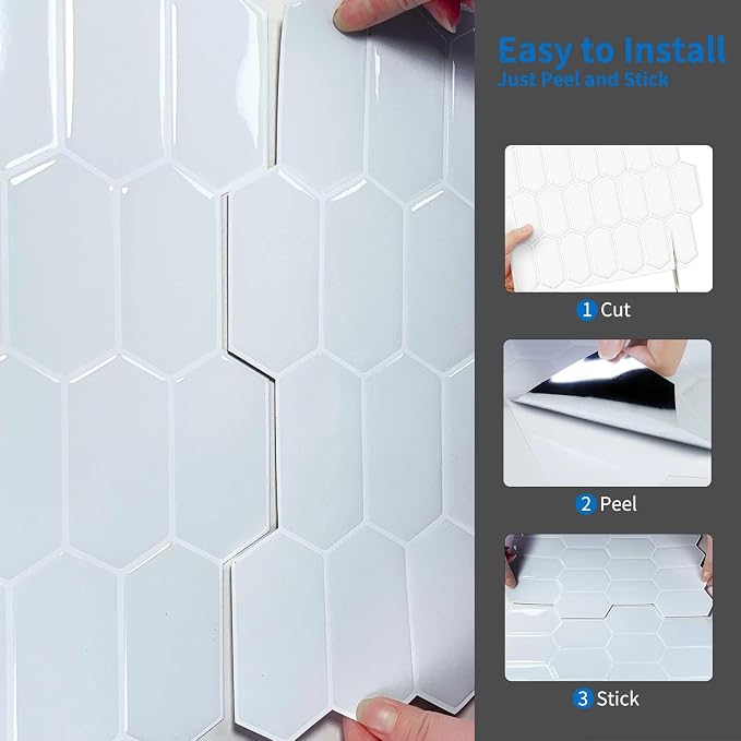 10-Sheet Long Hexagon Peel and Stick Kitchen Backsplash Tiles | 3D Waterproof Self-Adhesive Wall Tile Stick on Backsplash for Kitchen, Bathroom, Fireplace,RV(White,12"×12")