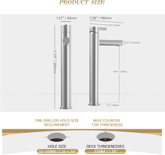 Single Hole Tall Brushed Nickel Vessel Bathroom Sink Faucet, One Hole Single Handle Modern Bathroom Faucet, with Pop Up Drain and Water Supply Line,FH01-BN-V