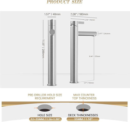 Single Hole Tall Brushed Nickel Vessel Bathroom Sink Faucet, One Hole Single Handle Modern Bathroom Faucet, with Pop Up Drain and Water Supply Line,FH01-BN-V