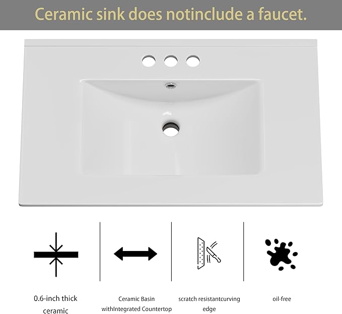 OLD CAPTAIN Bathroom Vanity with Ceramic Sink, 30" Freestanding Bathroom Quick Assembly Vanity Cabinet with Storage, Grey