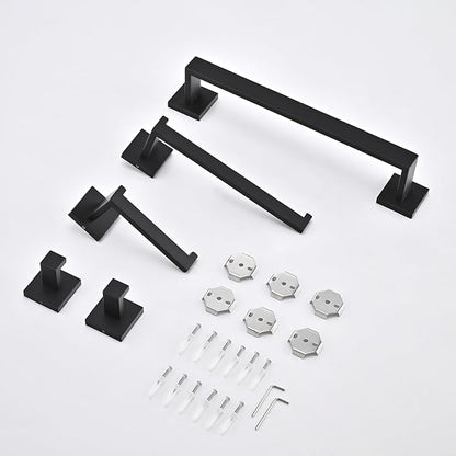 5 Piece Bathroom Hardware Set Matte Black, SUS304 Stainless Steel Towel Bar Set, Modern Square Accessories with 16 Inch Rack Toilet Paper Holder Robe Hooks (Matte Black)