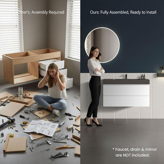 36" Floating Bathroom Vanity with Black Sink, Modern Bathroom Cabinet with Top and Soft Close Drawers, Spacious Storage for Small Space, White - Lavanda Collection