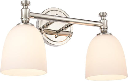 Bathroom Vanity Light, 2-Light Bathroom Light Fixtures Over Mirror, Traditional Vanity Lights for Living Room, Milk White Bell Glass Shades, Standard E26 Base, Polished Nickel
