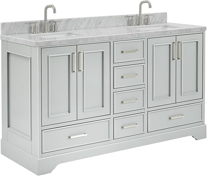 ARIEL Stafford 60-inch Bathroom Vanity with Sink,Solid Wood, 1.5-inch Italian Carrara Marble Countertop, Double Rectangular Porcelain Sink, 4 Soft Closing Doors, 6 Dovetail Drawers, Grey