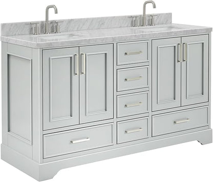 ARIEL Stafford 60-inch Bathroom Vanity with Sink,Solid Wood, 1.5-inch Italian Carrara Marble Countertop, Double Rectangular Porcelain Sink, 4 Soft Closing Doors, 6 Dovetail Drawers, Grey