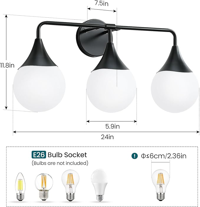 Bathroom Vanity Light Fixtures: 3 Lights Mid Century Modern Bathroom Lighting Fixtures Over Mirror - Matte Black Wall Sconce with Milky White Globe Glass for Bath Living Room