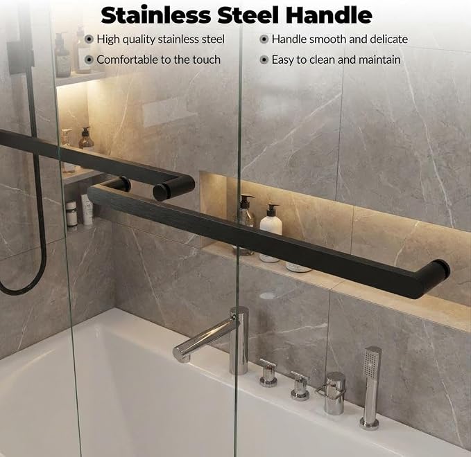 Bathtub Shower Door, 60" W x 59" H Sliding Tub Door with Dual Panels, 6mm (1/4") SGCC Tempered Glass with Explosion-Proof Film & Protective Coating, Matte Black Aluminum Alloy Frame