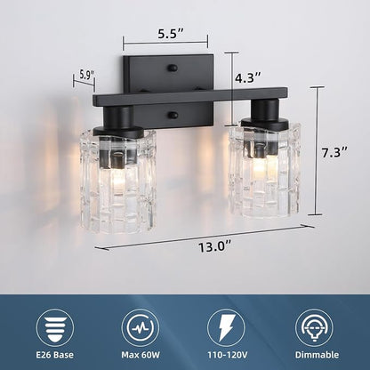 2 Light Matte Black Bathroom Vanity Light Over Mirror, Modern Vanity Lighting with Crystal Glass Shade, Wall Mount Bathroom Light Fixtures, E26 Base