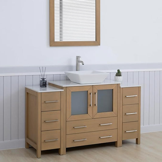 Vanity Art 54 Inch Vessel Single Sink Bathroom Vanity Cabinet with 1 Mirror, Engineered Marble Top Bathroom Cabinet Compact Set with 8 Dovetail Drawers and Soft Closing Doors, VA3130-54NO