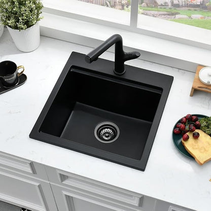 15x15 Black Drop In Bar Sink Workstation,Quartz Outdoor Rv Wet Bar | 15 Inch Single Bowl Small Drop In Kitchen Sinks with Cutting Board,Quartz Composite, Rust-Proof & Easy Clean
