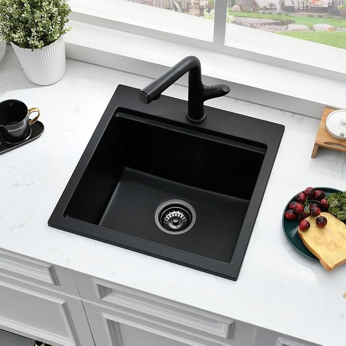 21 Inch Black Drop In Bar Sink Quartz Workstation | 21x20 Drop In Kitchen Sink Matte Black Quartz Composite Small Outdoor Rv Single Bowl Wet Bar Sinks with Cutting Board